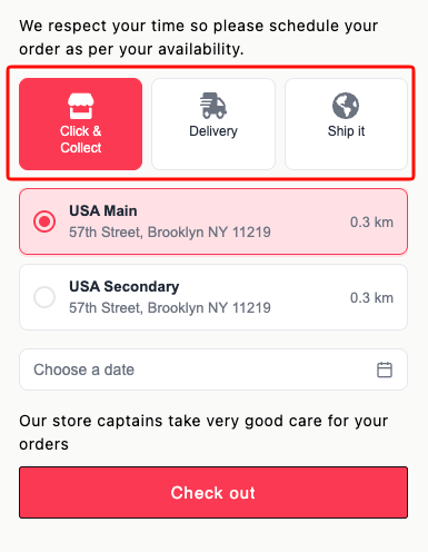 Cart widget showing three renamed method tabs: Click & Collect, Delivery, and Ship it