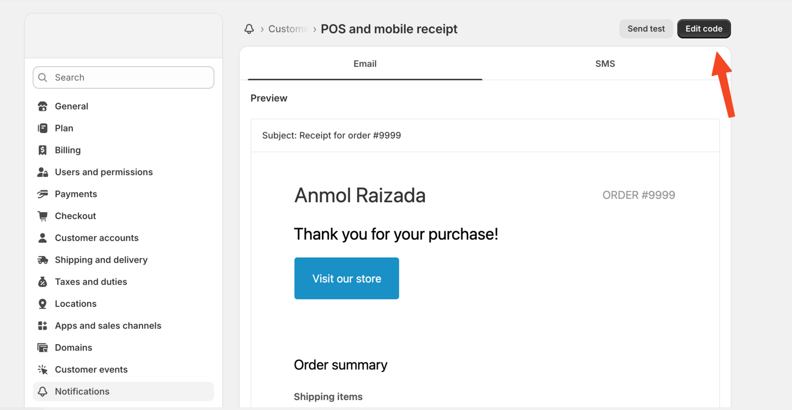 Displays POS and mobile receipt section with Edit Code button highlighted