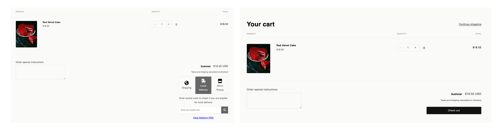 Shows a cart with gift cards where the widget is hidden, demonstrating the product override functionality Before(Left) & After(Right).