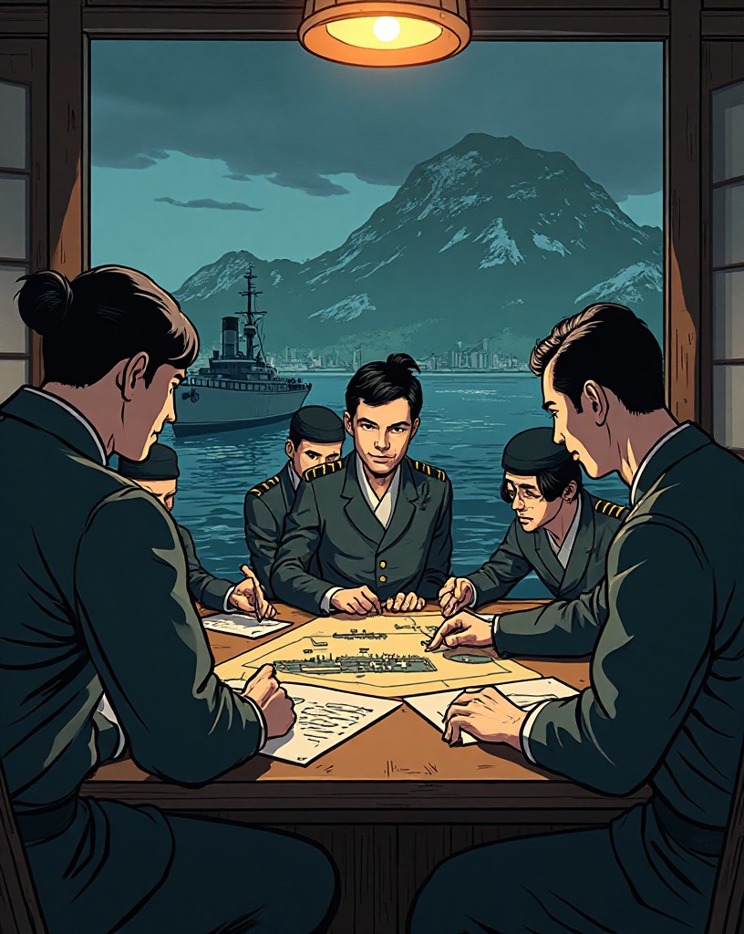 Japanese admirals studying a model of a harbor, planning in secrecy.