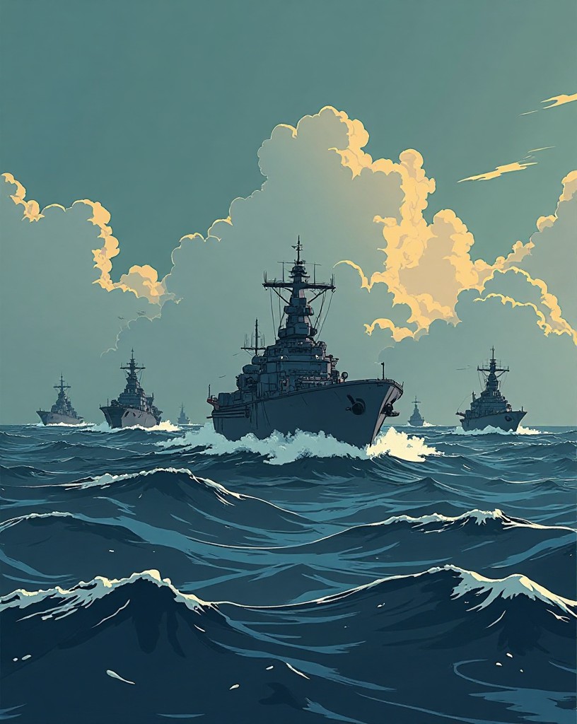 A fleet of carriers steaming through grey, empty northern seas under heavy cloud.