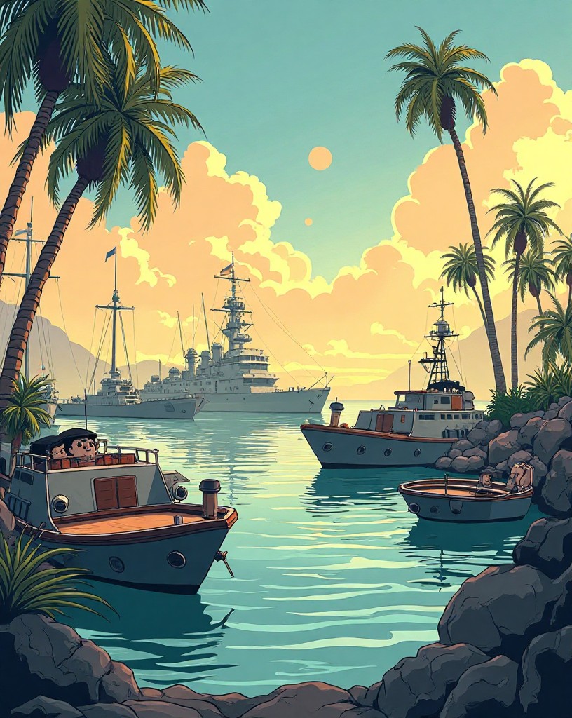 A calm sunlit harbor with battleships moored in a row, sailors at ease.