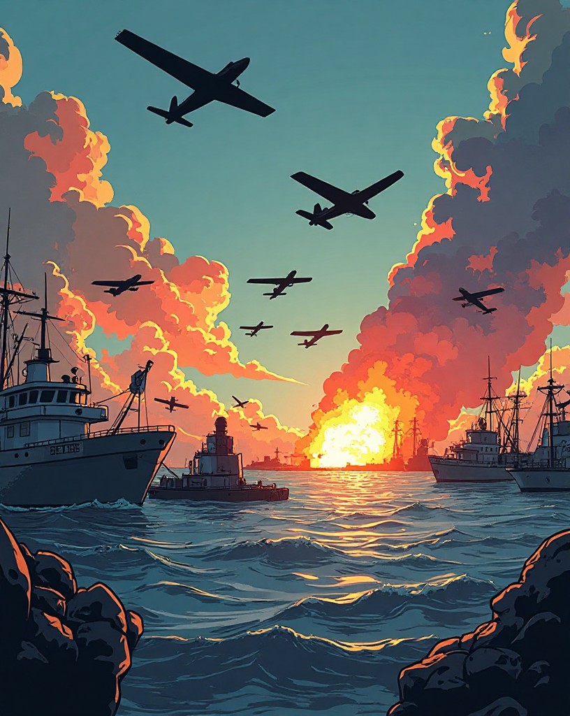 Waves of warplanes sweeping in low over a harbor as sailors look up in alarm.