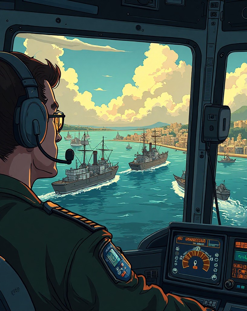 A pilot radioing from a cockpit as a harbor full of ships spreads out below.