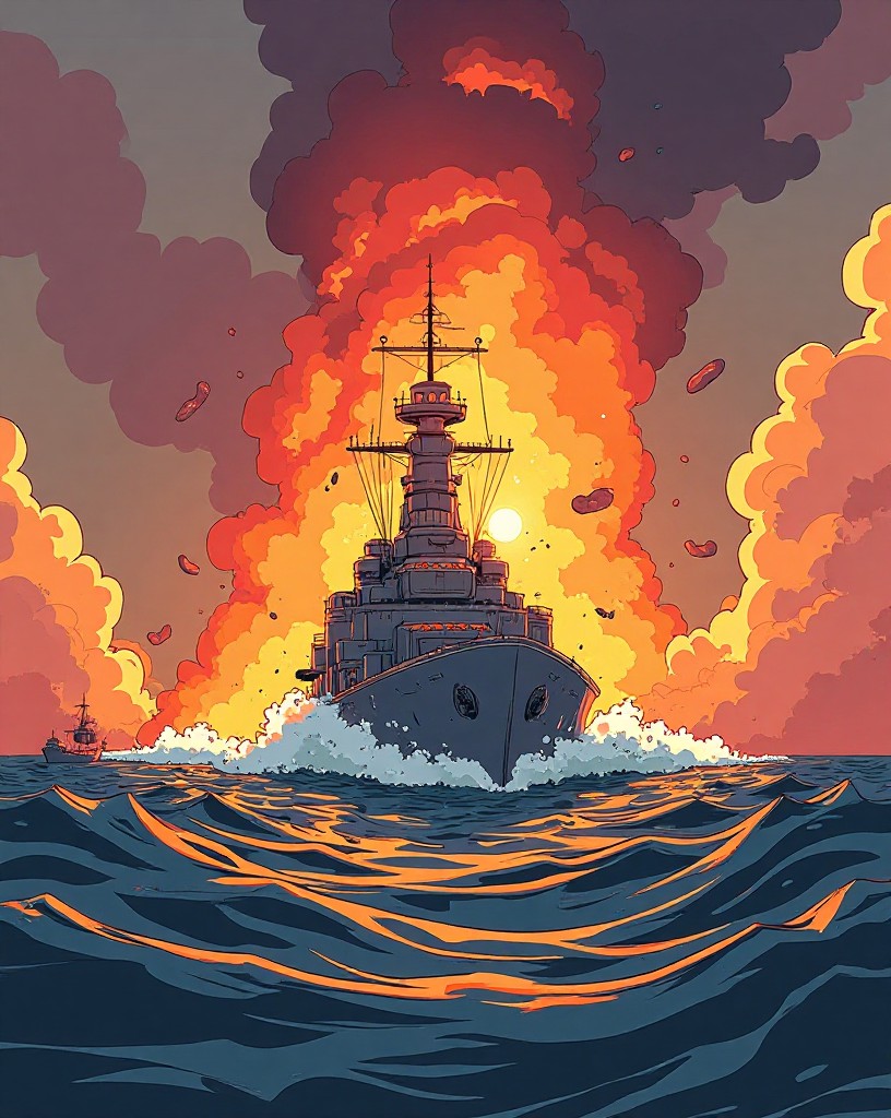 A battleship erupting in a towering fireball in a harbor, smoke and debris.