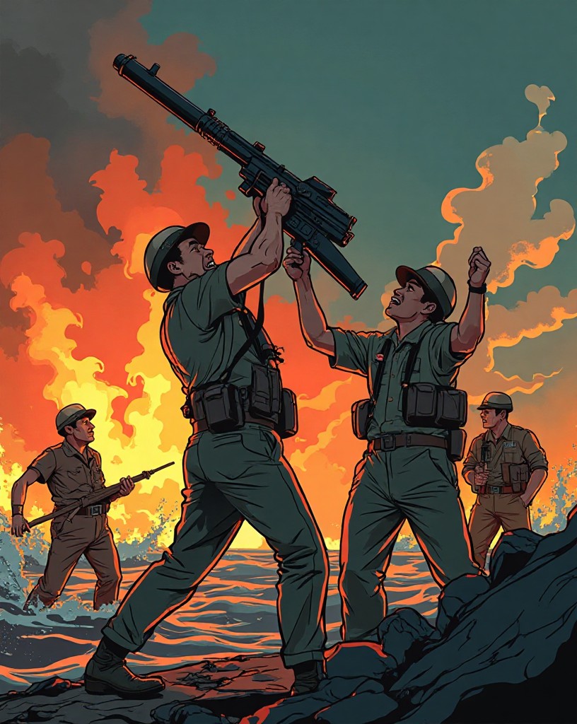 Sailors on a burning deck swinging an anti-aircraft gun upward amid fire and smoke.