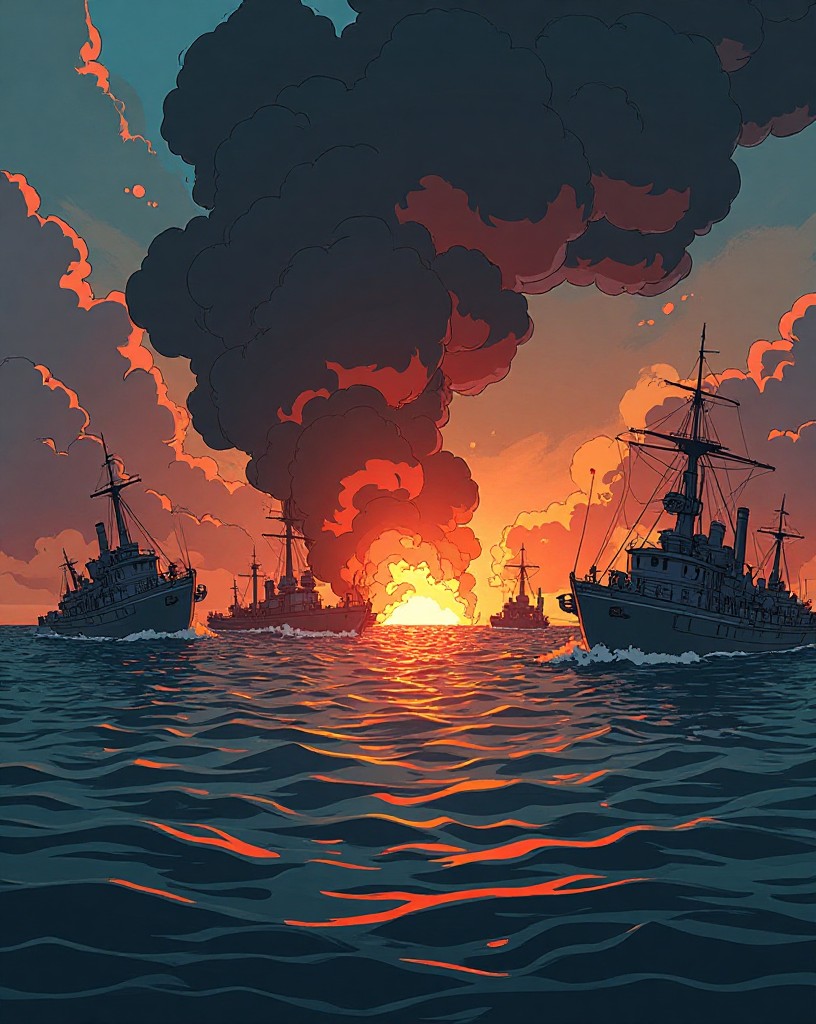 A harbor of capsized and burning warships under a pall of black smoke.