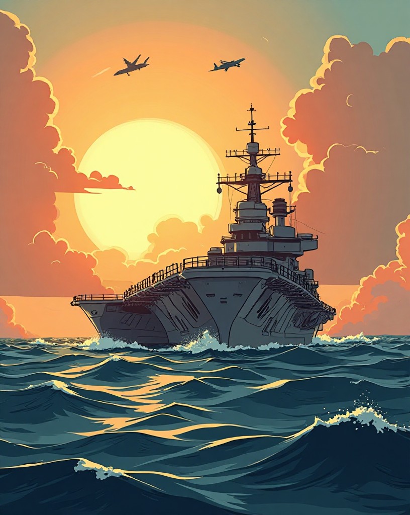Aircraft carriers steaming safely on the open ocean far from the harbor.