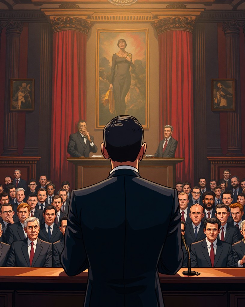A president at a microphone before a packed chamber, grave and determined.