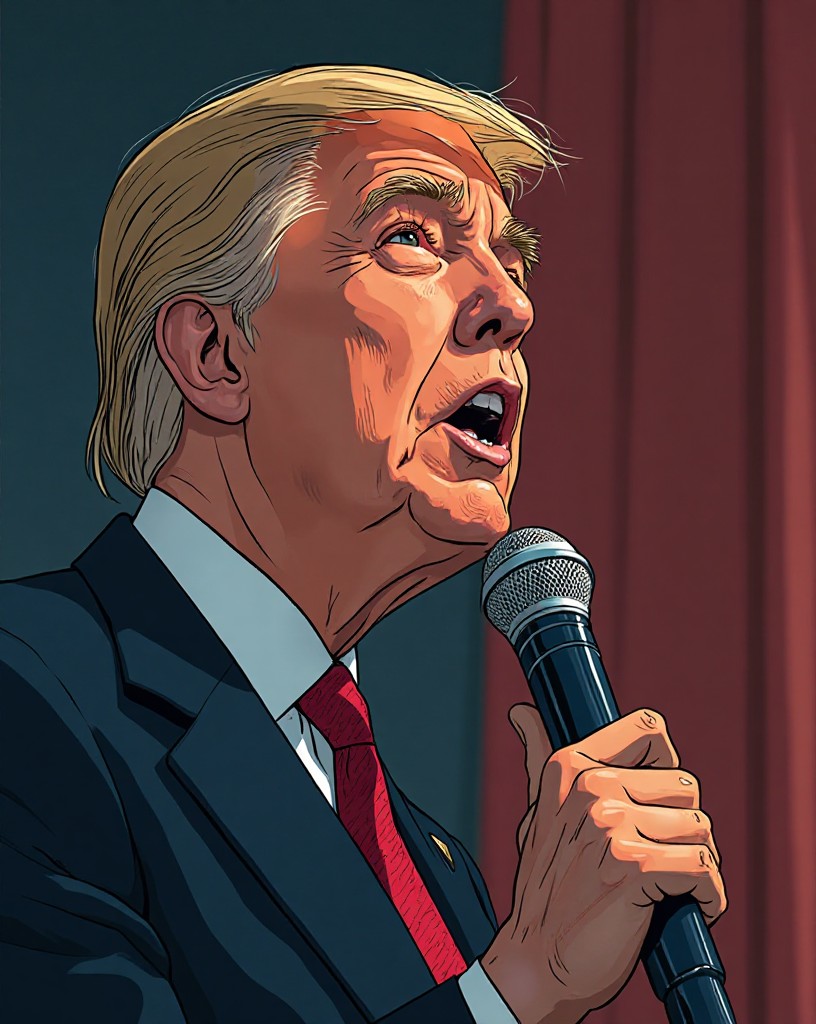 A close view of the president speaking firmly into radio microphones.