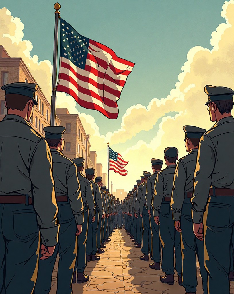 Crowds of Americans lining up at recruiting offices beneath a fluttering flag.