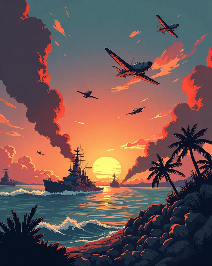 Japanese warplanes diving over a harbor full of burning battleships at dawn, cel-shaded comic art.