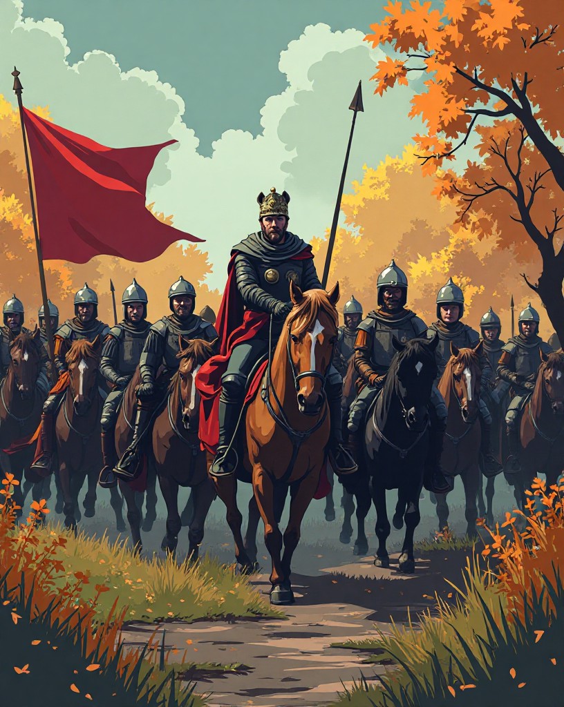 A bedraggled medieval army trudging through wet autumn countryside behind a king.