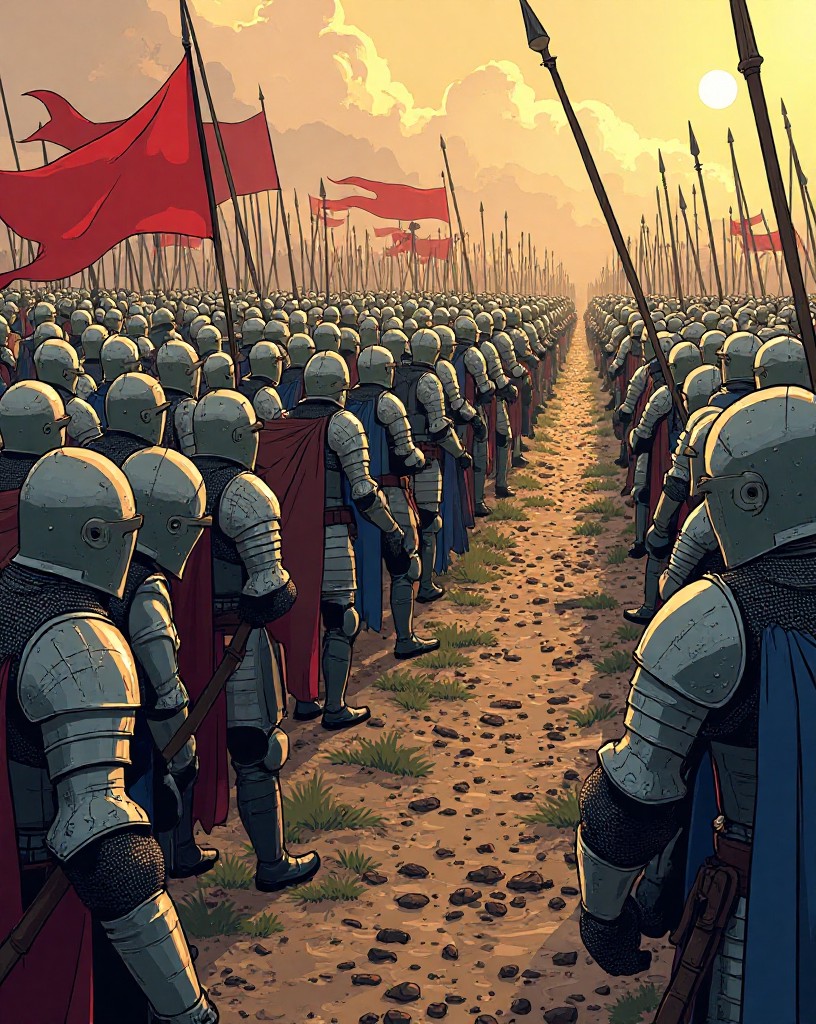 A vast army of armored knights facing a small ragged force across muddy ground.