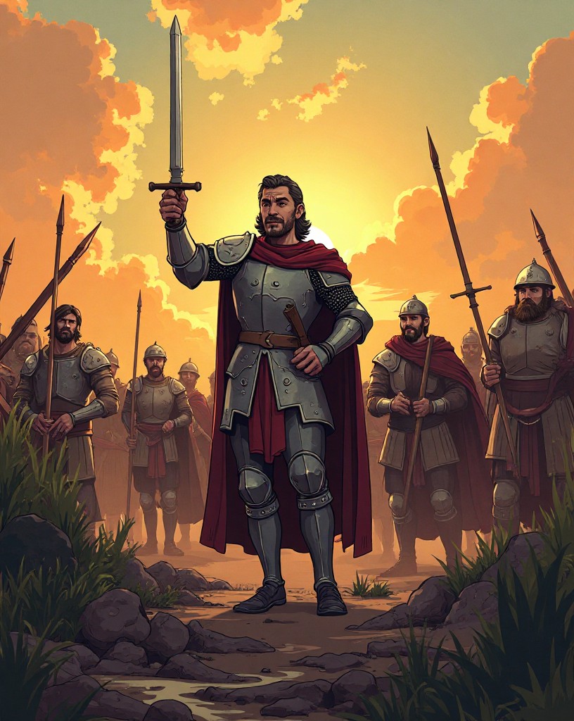 A young king in armor rallying tired soldiers at dawn, sword raised.