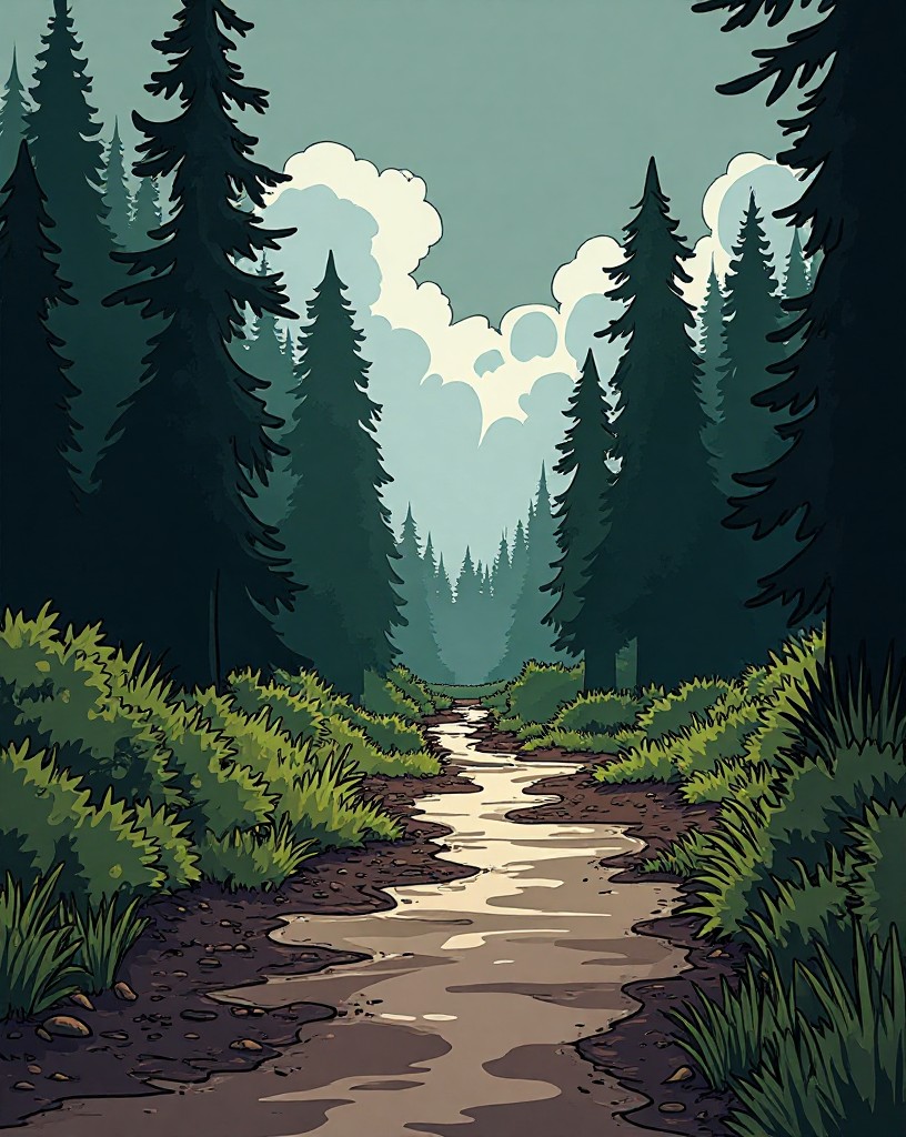 A narrow muddy field hemmed by dense woods on both sides under a grey sky.