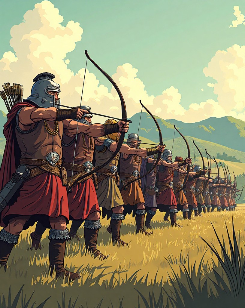 Rows of lightly armored archers drawing tall longbows, arrows in the turf.