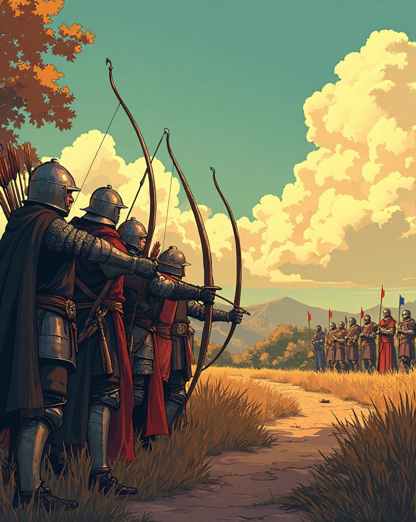 Archers behind angled sharpened stakes loosing a volley toward distant knights.