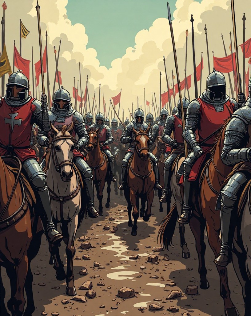 Armored knights crowding forward into a narrowing muddy field, packed tight.