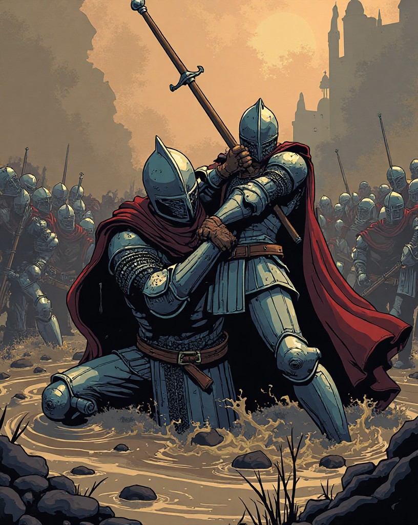 Heavily armored knights floundering and sinking in deep mud, crushed together.