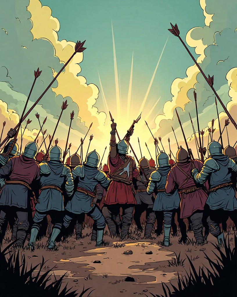 A dense storm of arrows falling on a struggling mass of knights in the mud.