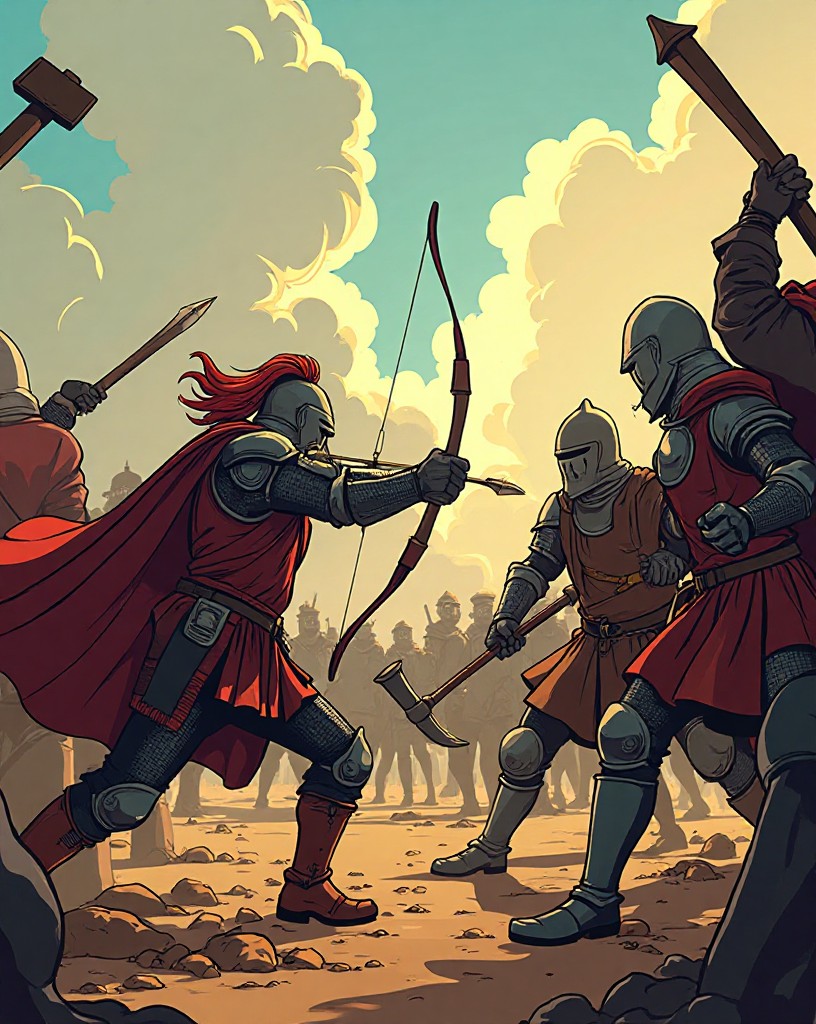 Agile archers leaping among bogged knights swinging mallets and axes.
