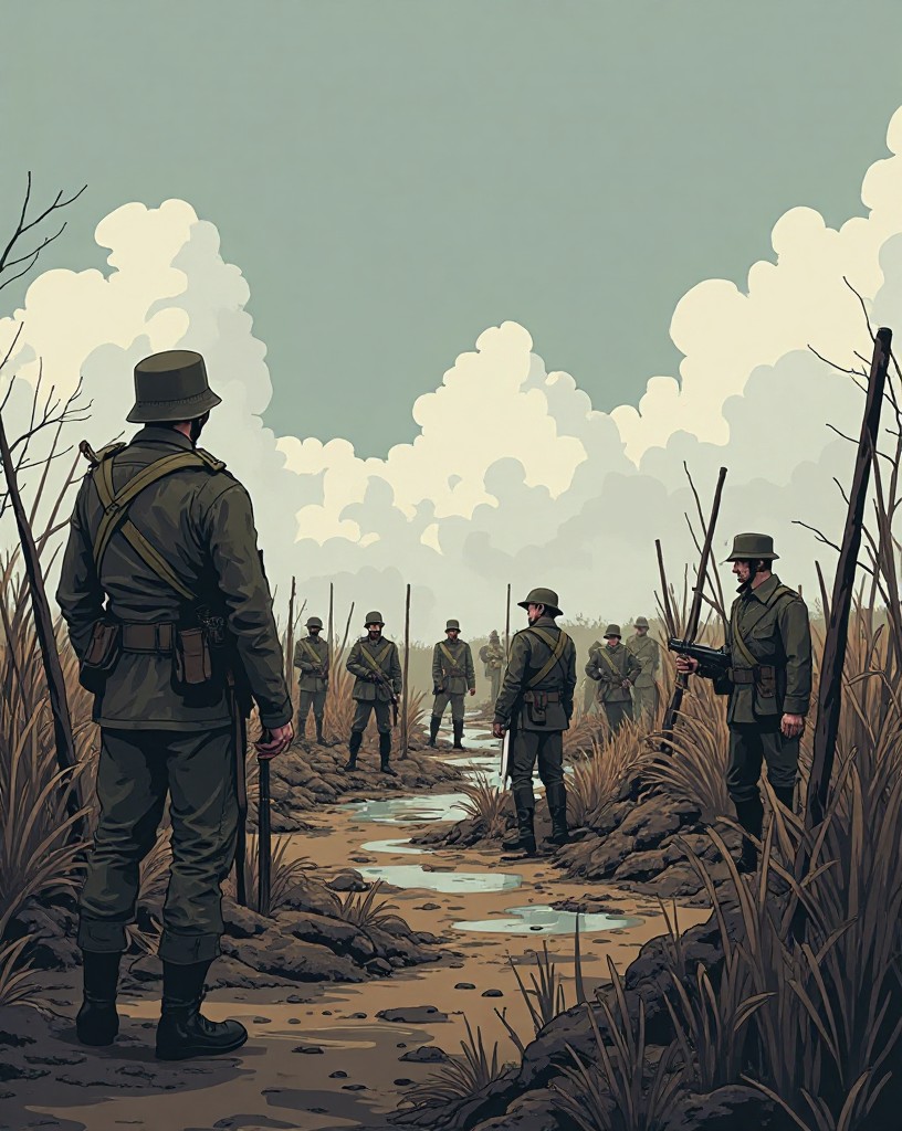 A muddy field strewn with the aftermath, English soldiers standing amid it.