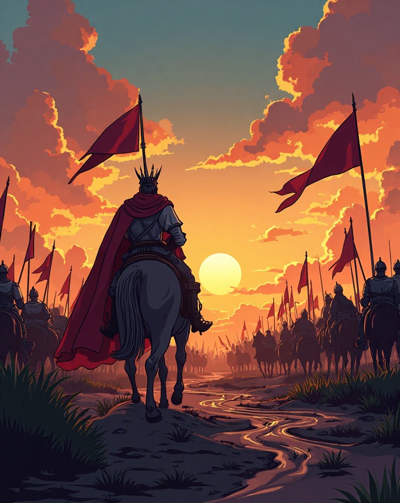 A victorious king surveying the won, muddy battlefield at dusk.