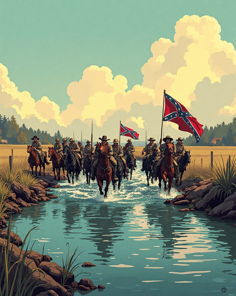 Confederate troops fording a wide river into northern farmland.