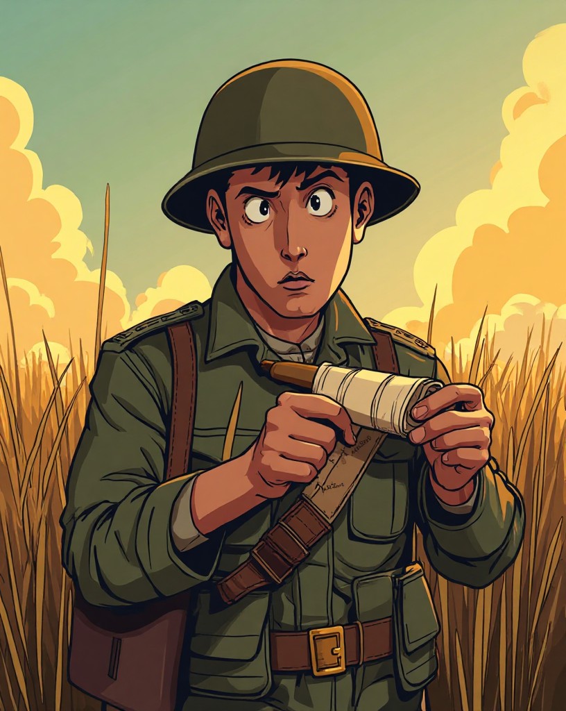 A soldier unwrapping a paper from around three cigars, eyes widening.