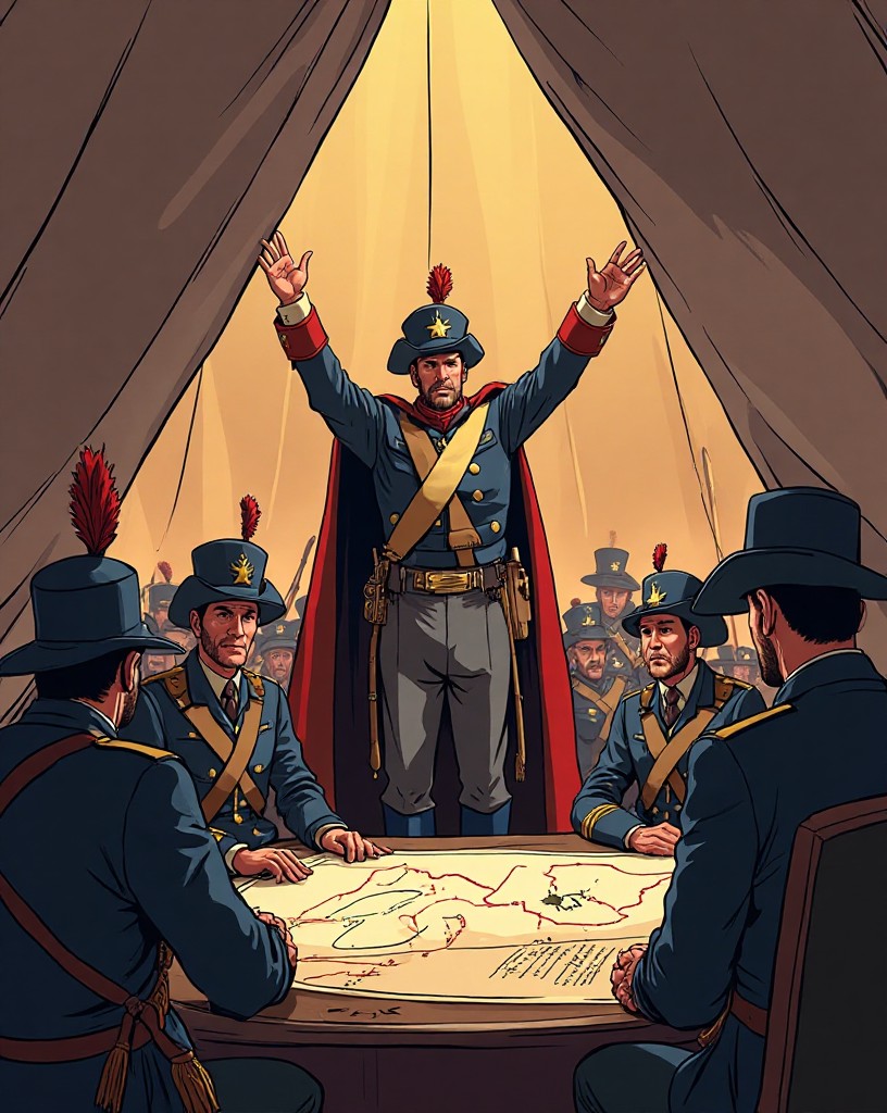 A Union general holding orders triumphantly in his command tent.