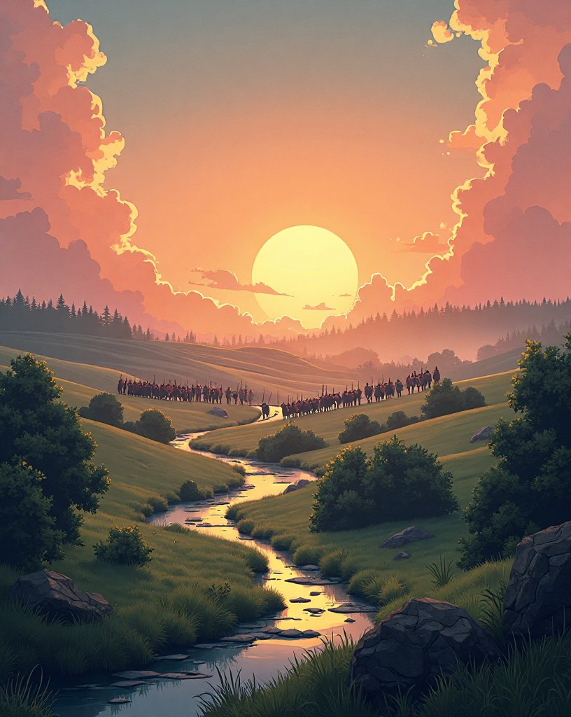 Two armies forming up across rolling farmland divided by a creek at dawn.