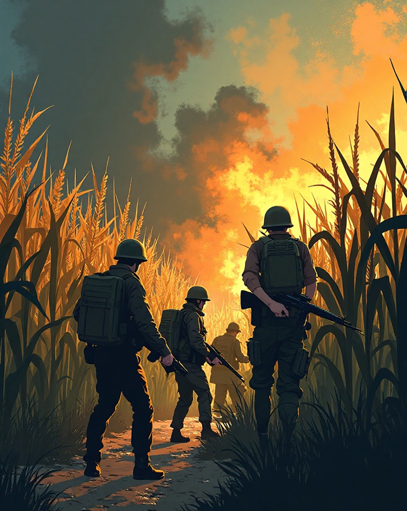 Soldiers struggling in a tall cornfield amid dense gun smoke.