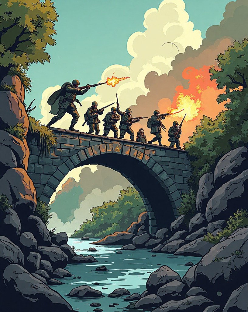Soldiers charging across a stone bridge under fire from a wooded bluff.