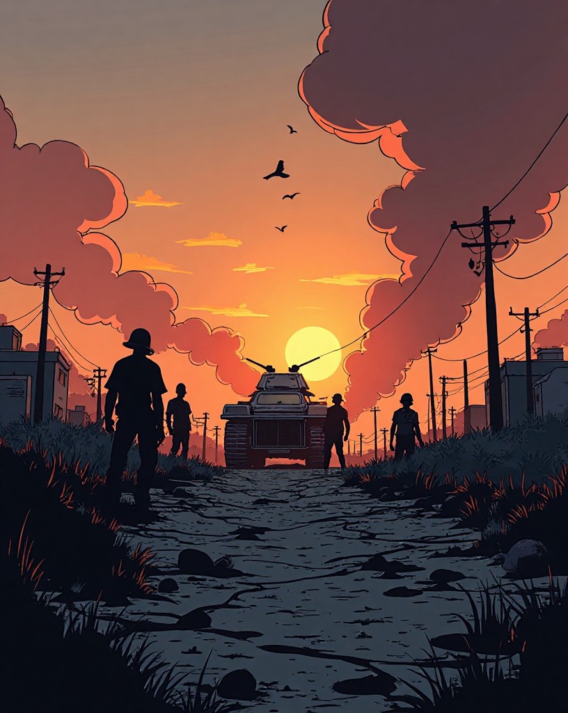 An exhausted battlefield at dusk strewn with the aftermath, drifting smoke.