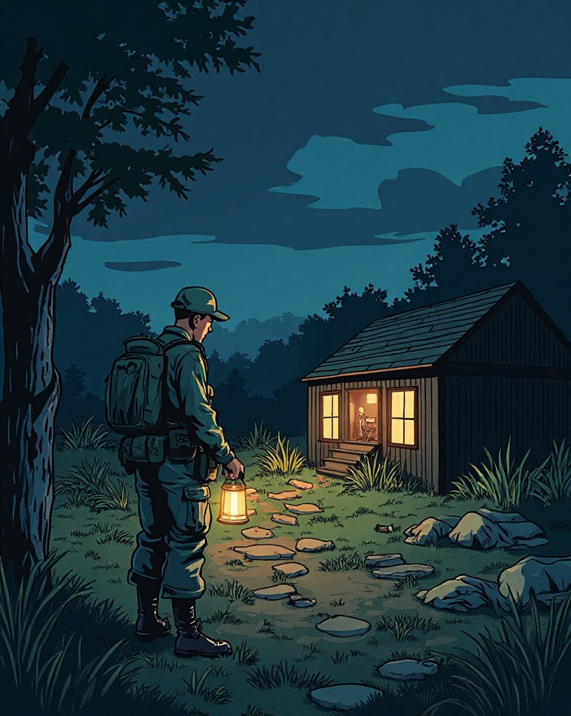 A quiet field hospital under lantern light tending rows of wounded at night.