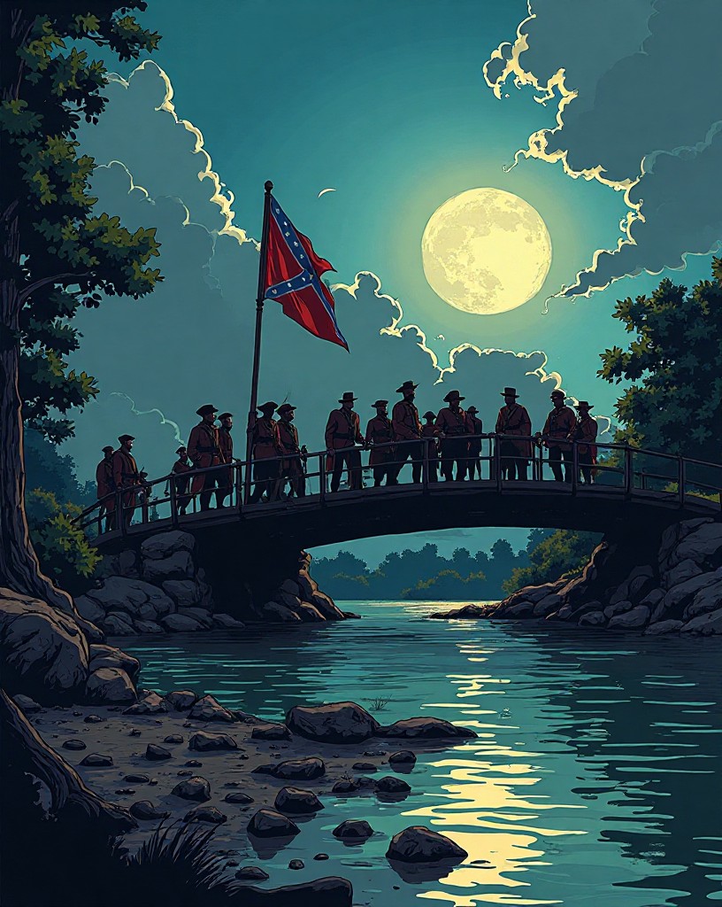 Confederate columns recrossing a river by moonlight in retreat.