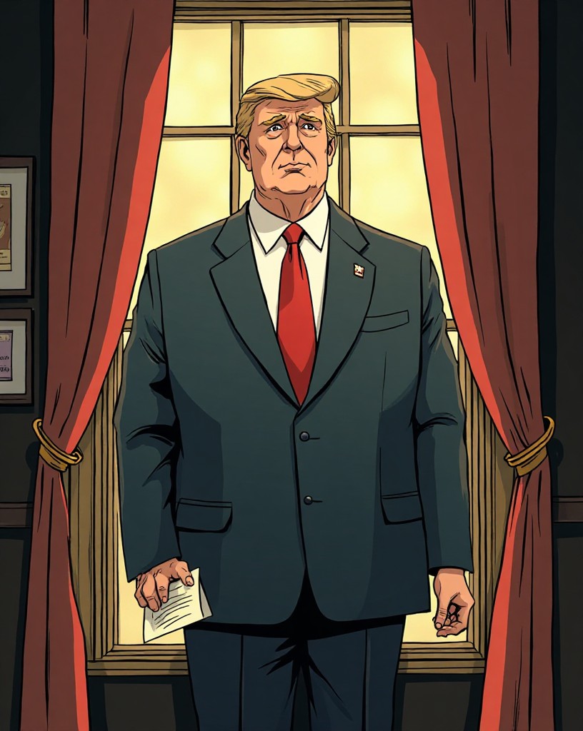A careworn president at a window holding a document, resolve on his face.