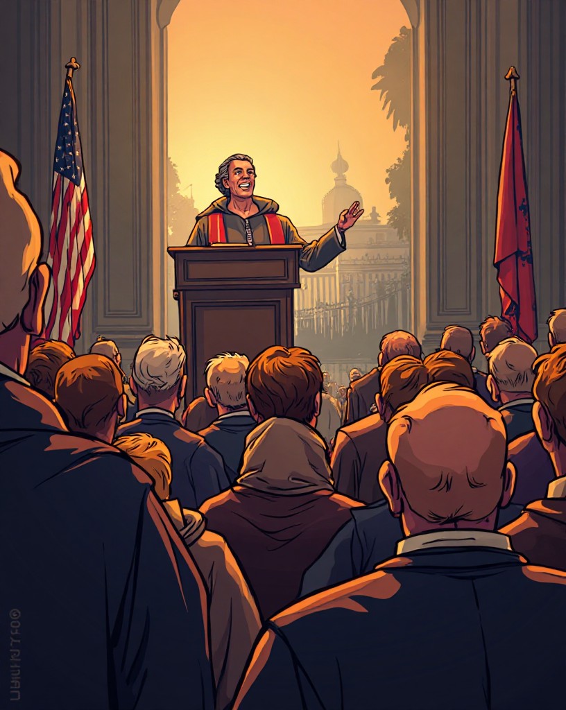 A crowd gathered before a public reading of a proclamation, faces upturned.