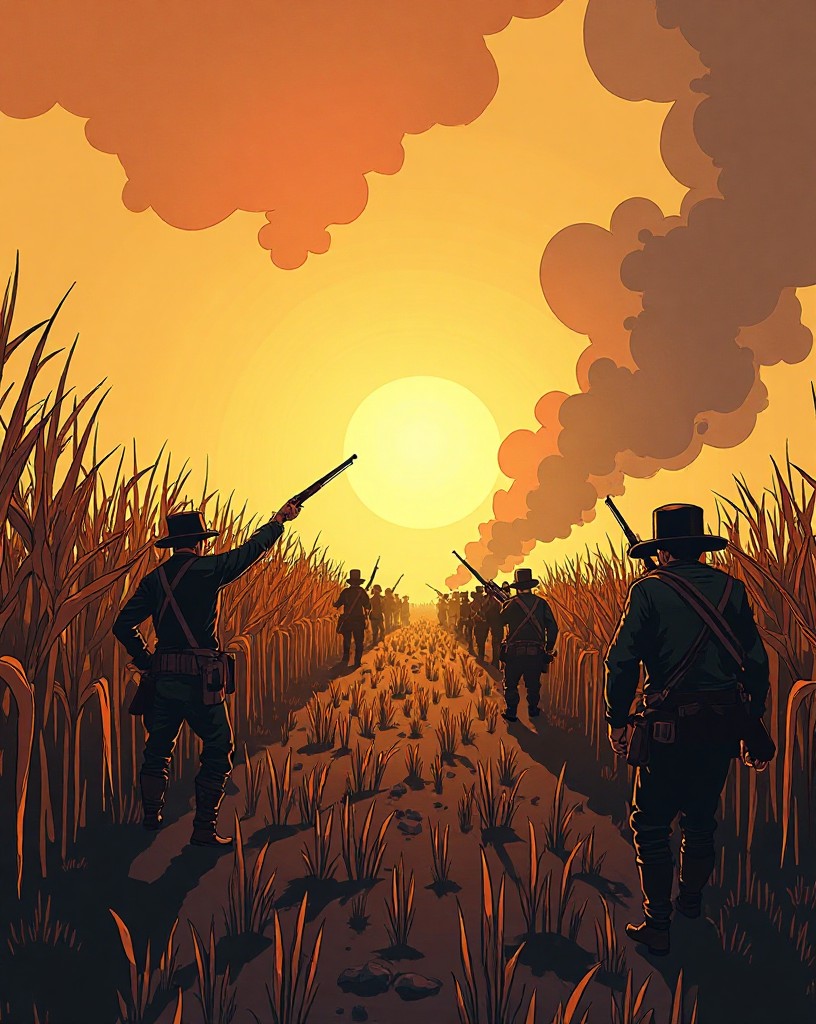 Union and Confederate lines firing across a smoke-wreathed cornfield, cel-shaded comic art.