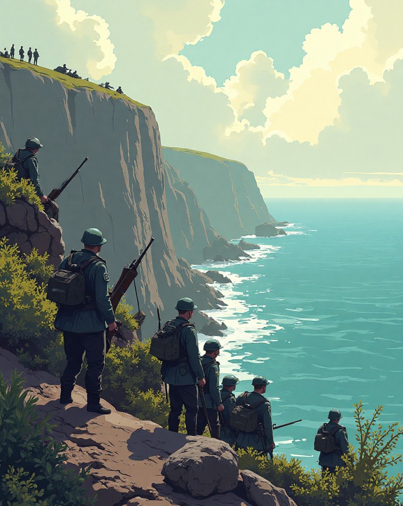 German troops on a cliff coast looking across the sea toward a distant shore.