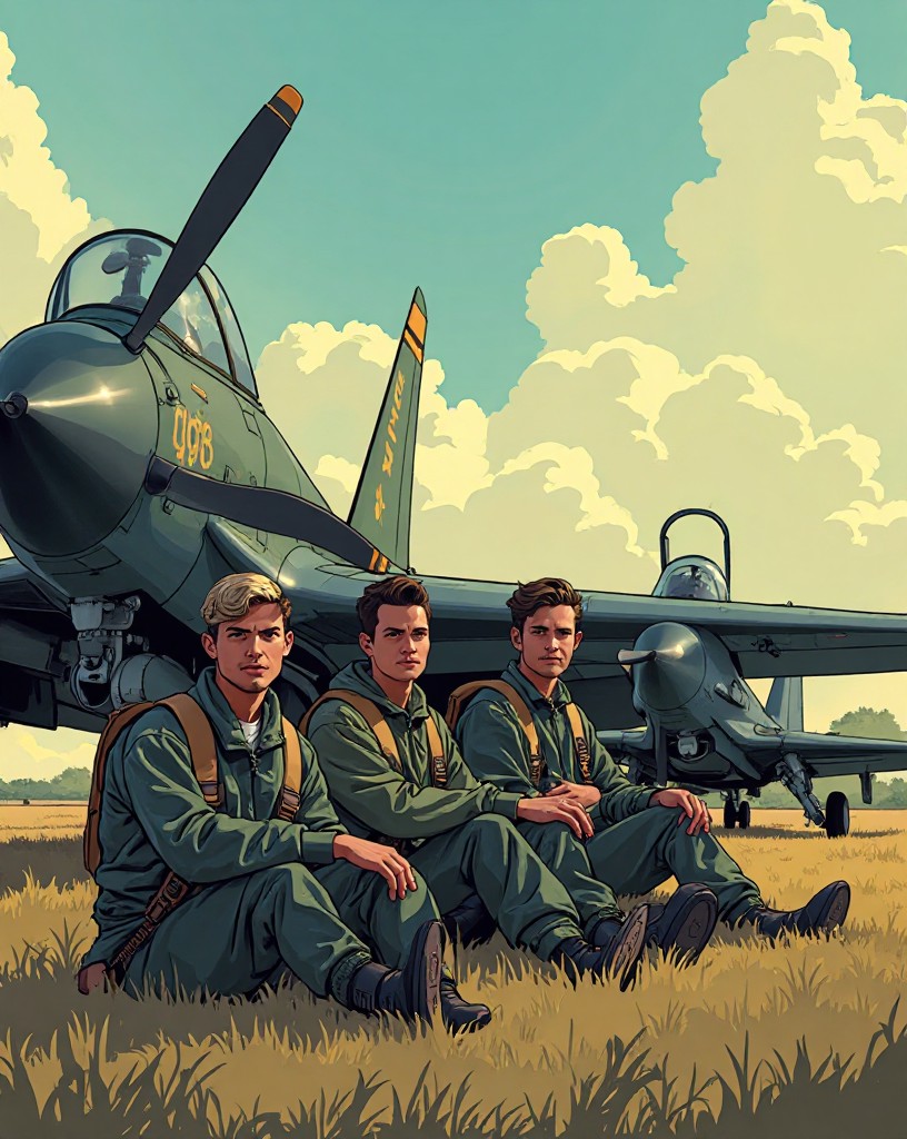 Young pilots in flight gear waiting by their fighters on a grass airfield.