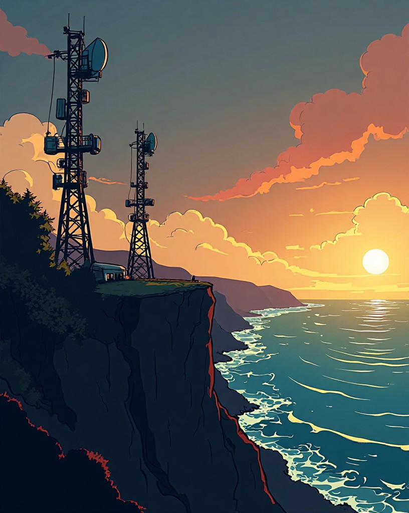 Tall coastal radar masts above a dim plotting room tracking blips.