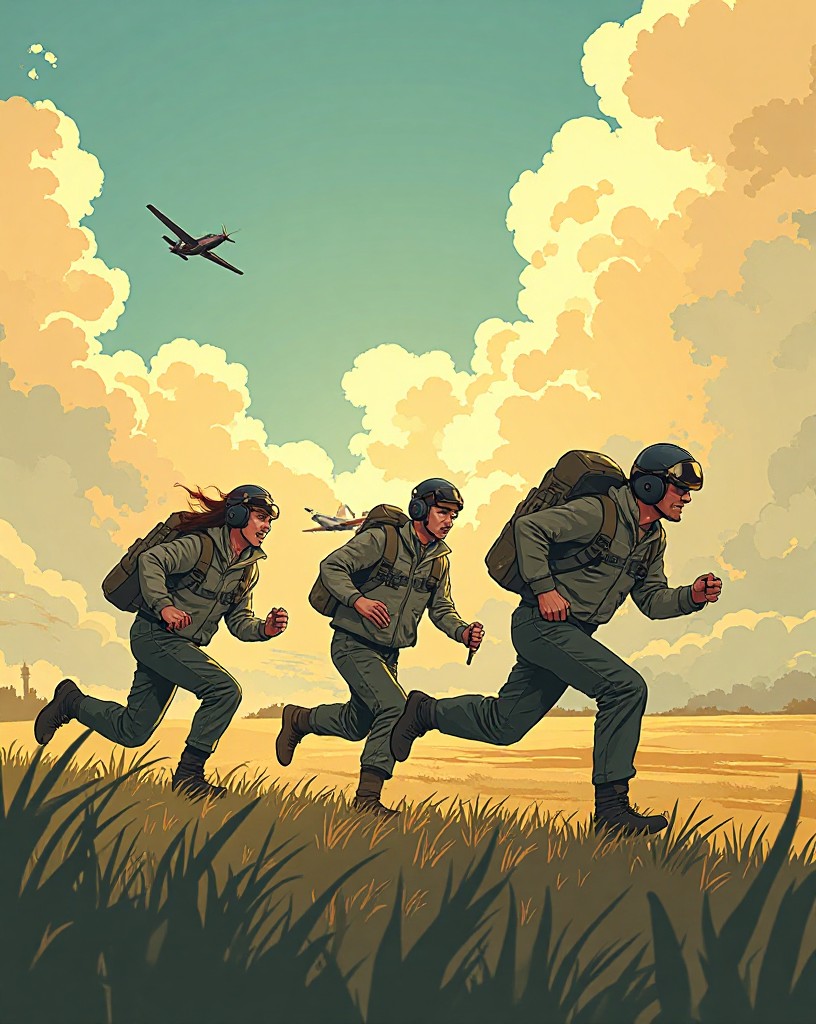Pilots sprinting to their fighters across a grass field as the alarm sounds.