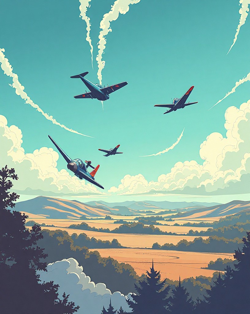Fighters twisting in a dogfight high above the countryside, vapor trails curling.