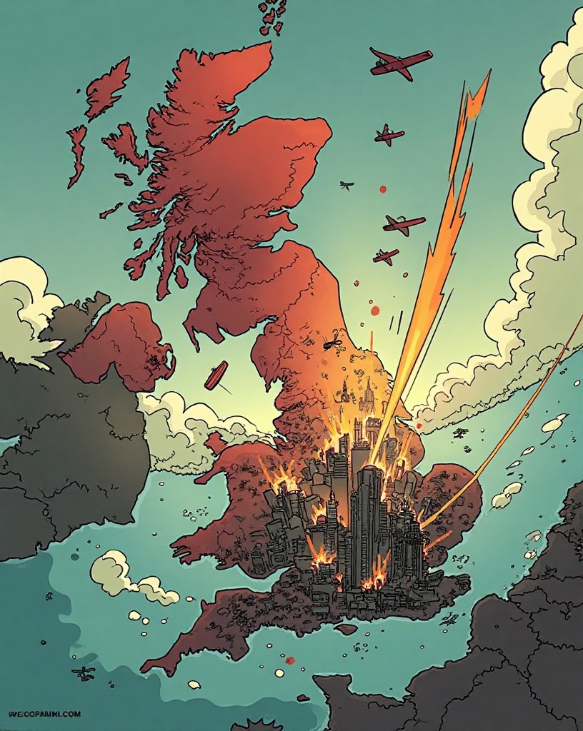 A map with attack arrows swinging from airfields to a single great city.