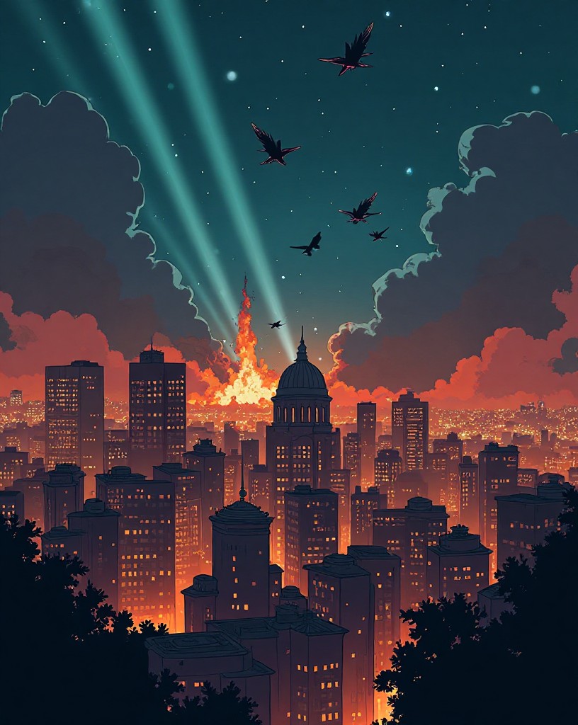A city skyline ablaze under searchlights at night, a dome standing in the firelight.