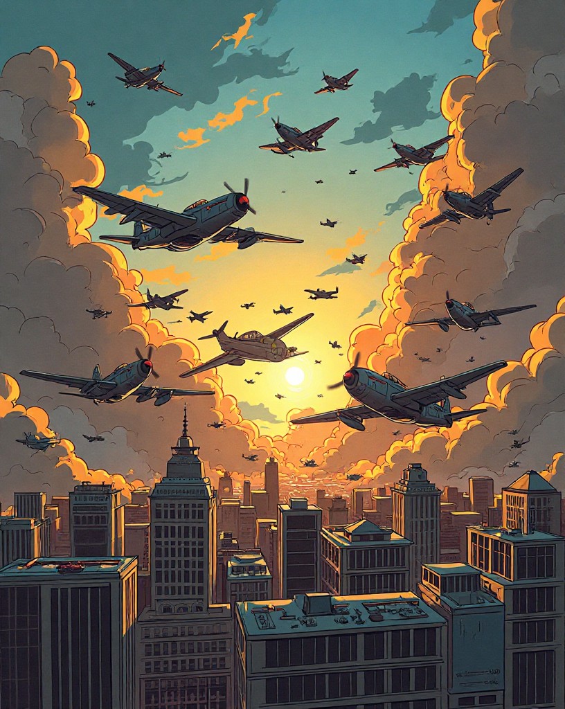 A massive aerial melee of fighters and bombers over a city, planes falling.