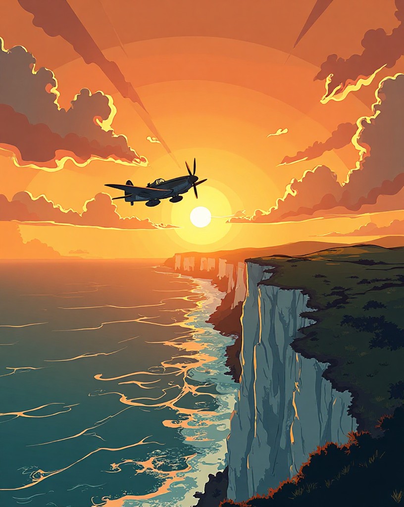A lone Spitfire flying into a golden sunset over white coastal cliffs.