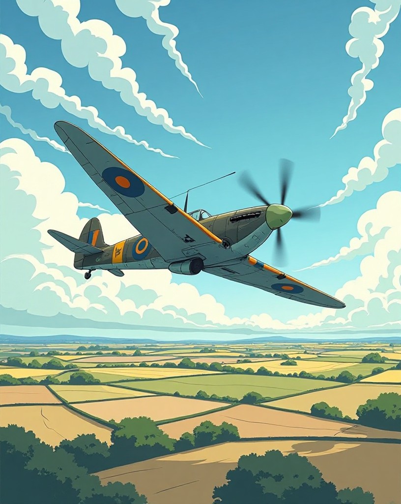 A Spitfire banking against a blue sky streaked with vapor trails over English fields, cel-shaded comic art.